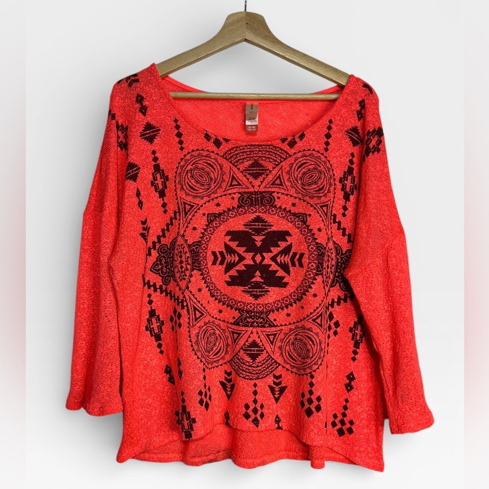 5 for $25🔥Nobo Neon Coral Knit Boho Print T-Shirt Juniors XL (15-17)